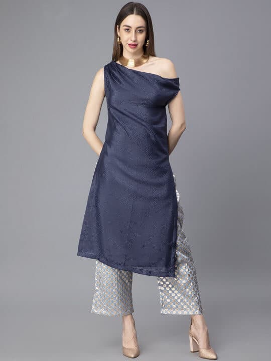 Off Shoulder Tissue Straight Kurta With Trousers by indy Raaga