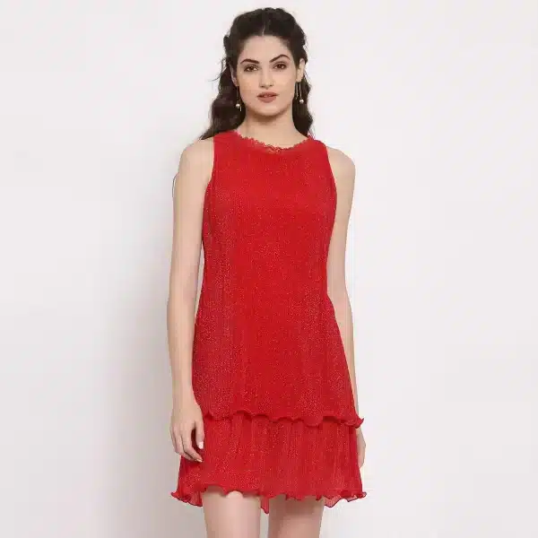 Red Plisse Double Layered Dress