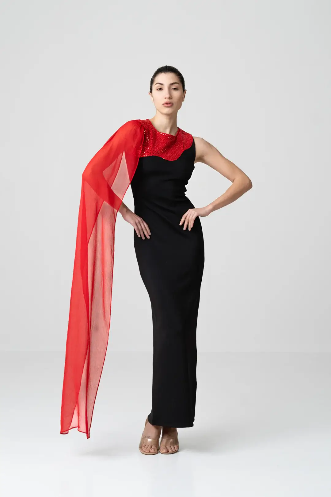 Red Sequin Patch-Work Dress With One Shoulder Drape