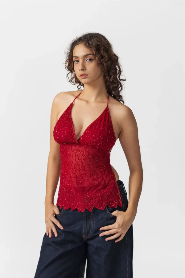 Red Sequin Top Backless