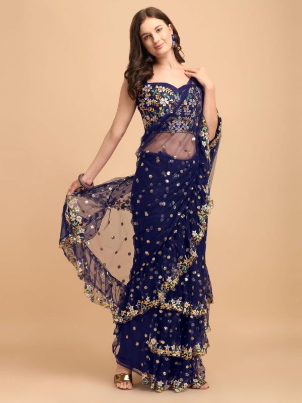 Blue Net Sequinned Embroidered Ruffled Saree with Unstitched Blouse by Jatriqq