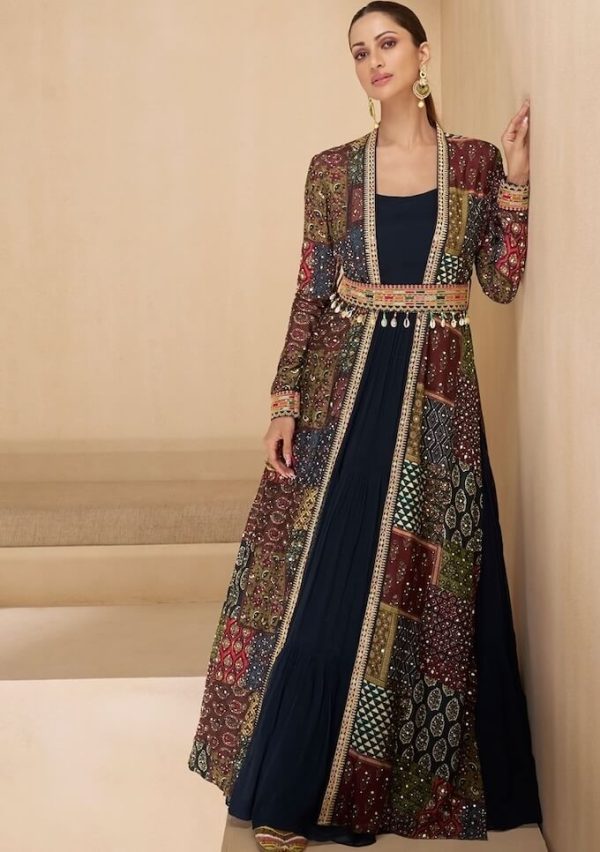 Blue Printed Georgette Anarkali Set