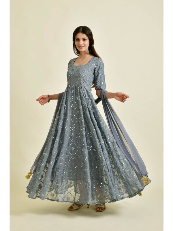 Grey Mirror Anarkali (Set of 2) by Rangpur