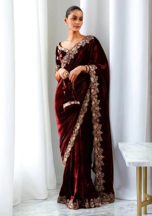 Maroon Embroidered Velvet Saree Set (Pre-Stitched Available)