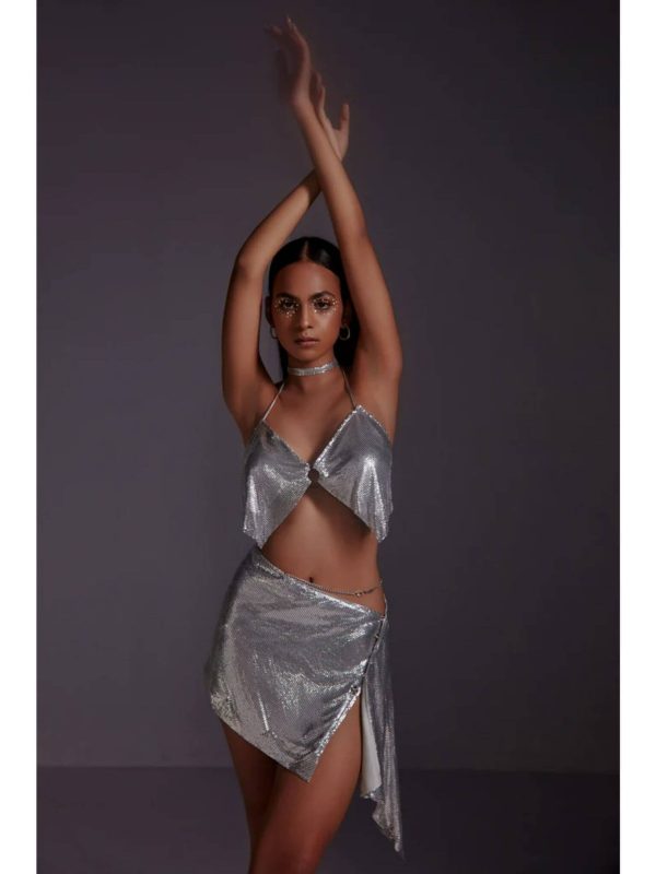 Metallic Chainmail Wrap Skirt-Silver by The Clothing Factory
