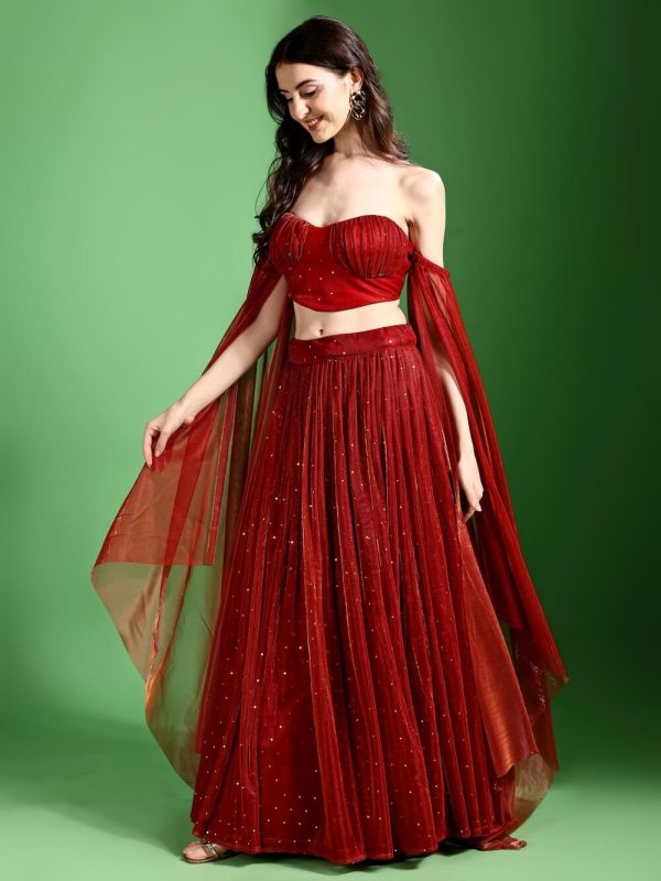 Red Lycra Party Wear Stitched Lehenga and Unstitched Blouse with Dupatta by Purvaja