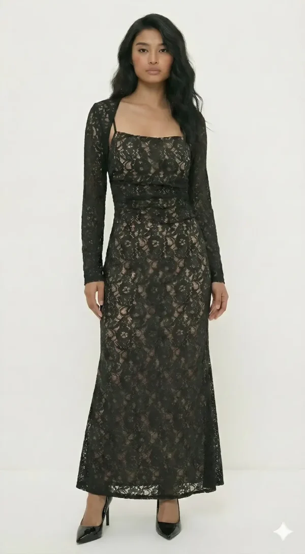 Black Lace Midi Dress with Detachable Cover-up